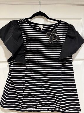 Cato Black and White Striped Puff Sleeve Top with Bow Accent